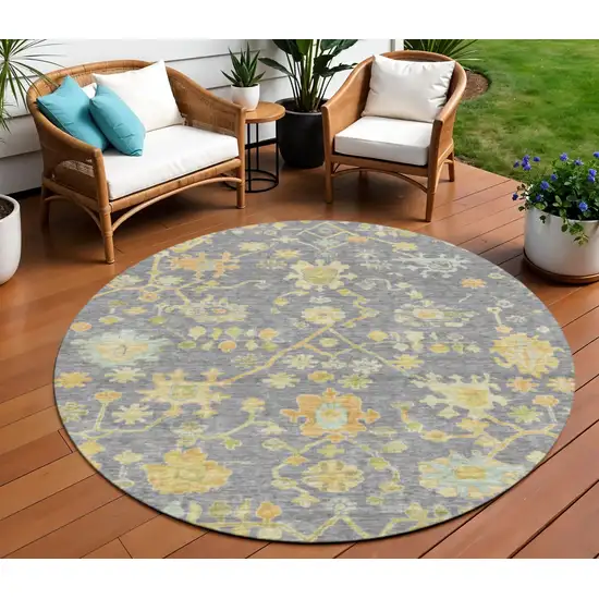8' Gray And Gold Round Floral Washable Indoor Outdoor Area Rug Photo 2