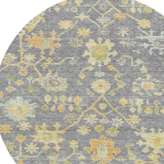 8' Gray And Gold Round Floral Washable Indoor Outdoor Area Rug Photo 4