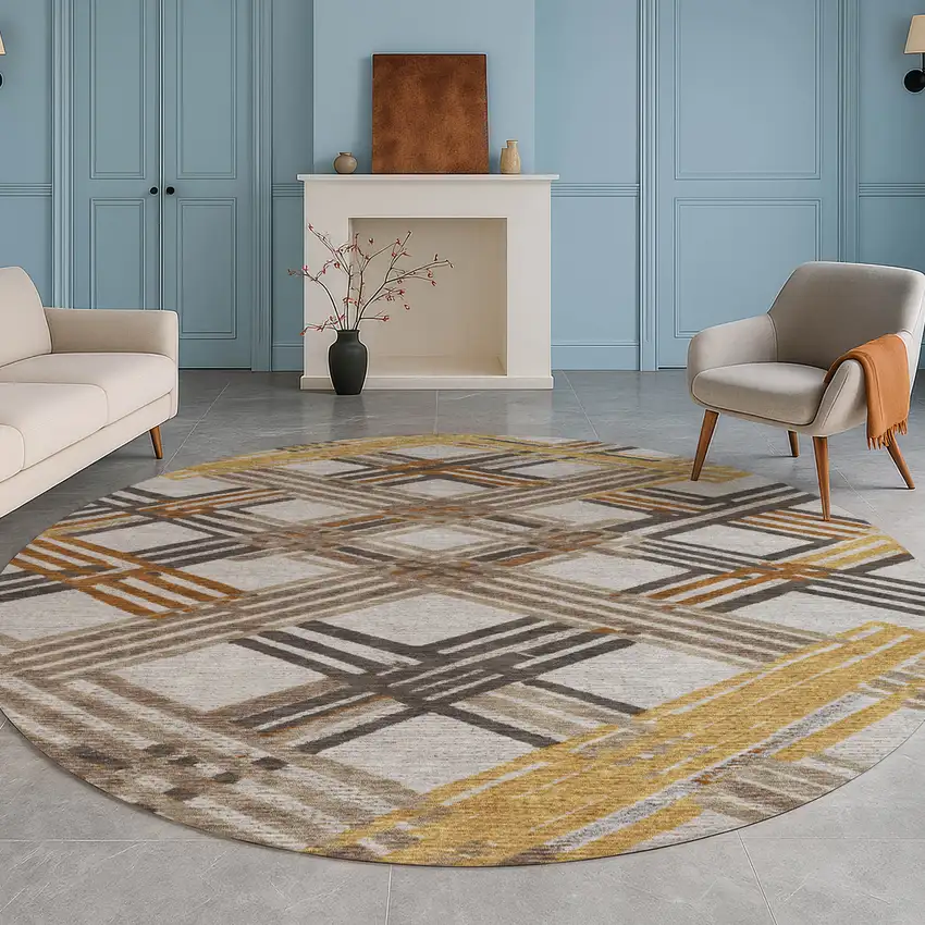 8' Gray And Gold Round Geometric Washable Indoor Outdoor Area Rug Photo 5