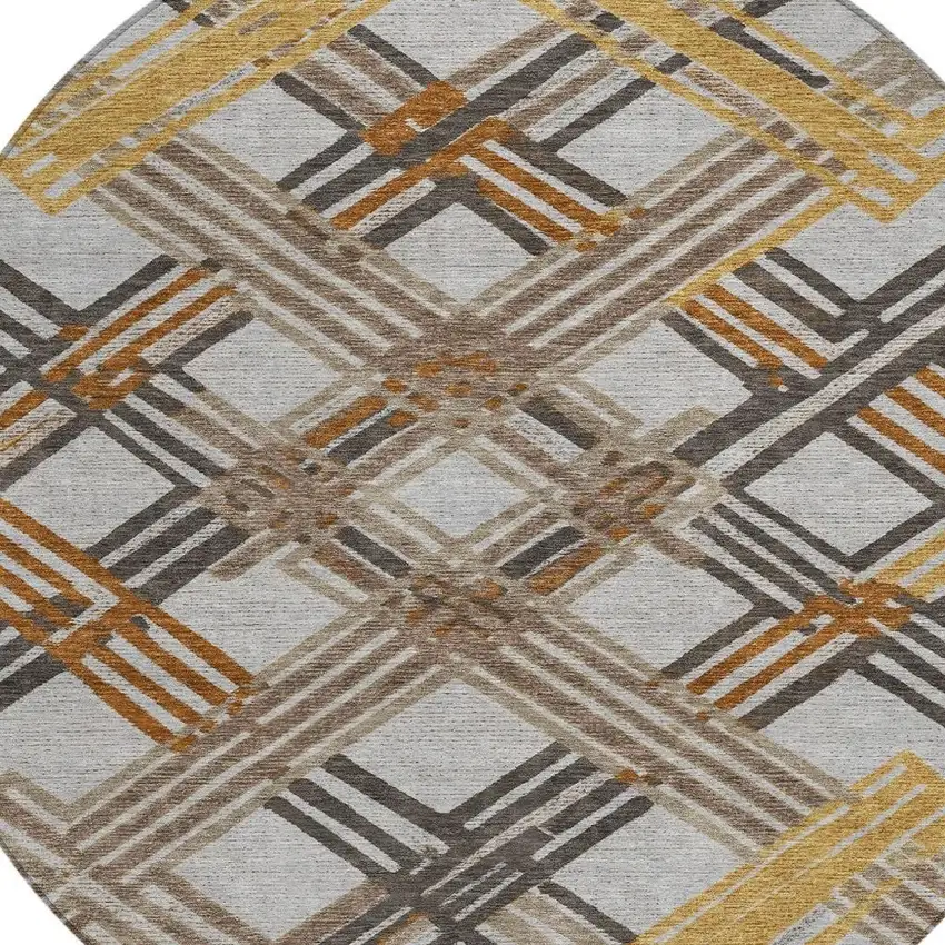 8' Gray And Gold Round Geometric Washable Indoor Outdoor Area Rug Photo 2