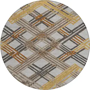 Photo of 8' Gray And Gold Round Geometric Washable Indoor Outdoor Area Rug