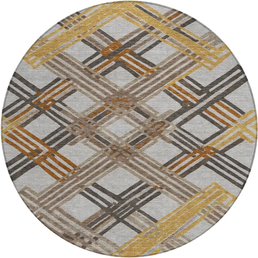8' Gray And Gold Round Geometric Washable Indoor Outdoor Area Rug Photo 1
