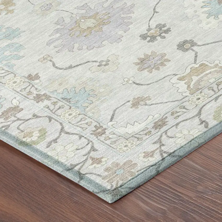 8' Gray And Gold Round Oriental Washable Indoor Outdoor Area Rug Photo 6