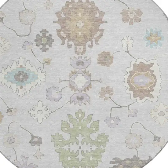8' Gray And Gold Round Oriental Washable Indoor Outdoor Area Rug Photo 4