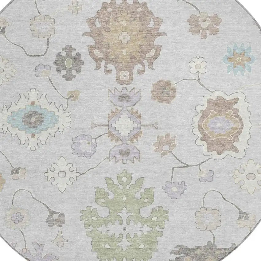 8' Gray And Gold Round Oriental Washable Indoor Outdoor Area Rug Photo 4