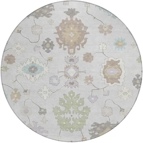 8' Gray And Gold Round Oriental Washable Indoor Outdoor Area Rug Photo 2