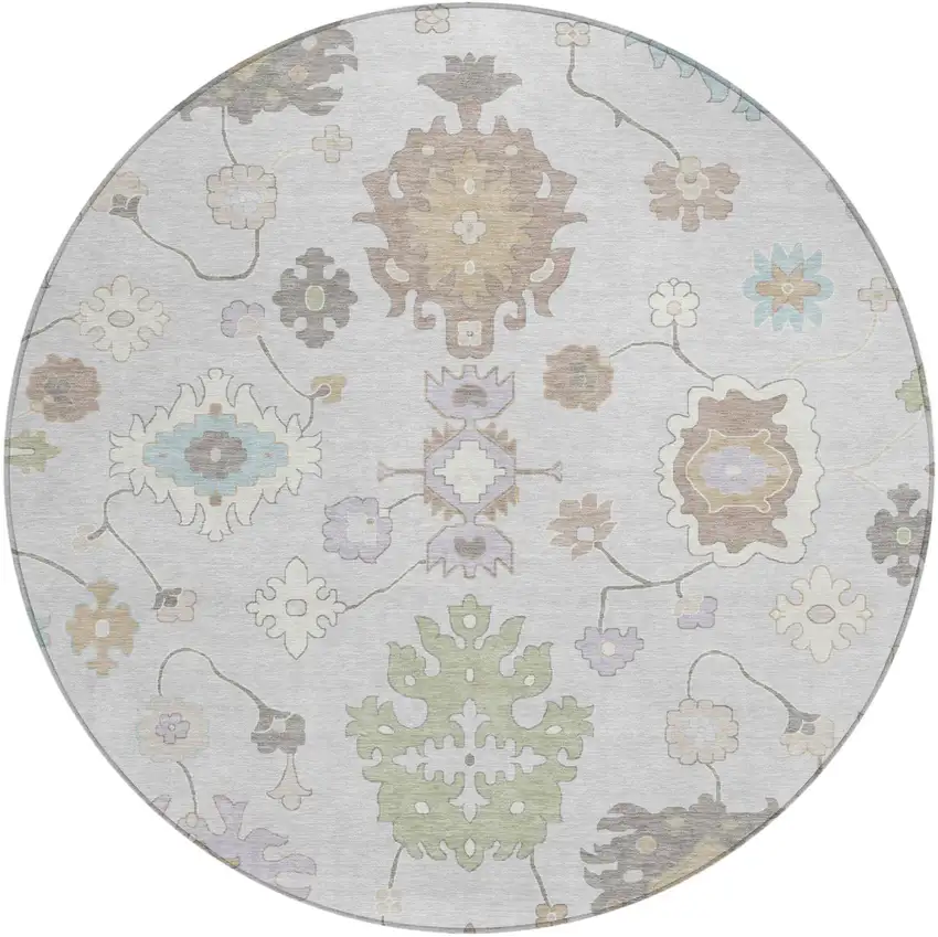 8' Gray And Gold Round Oriental Washable Indoor Outdoor Area Rug Photo 2