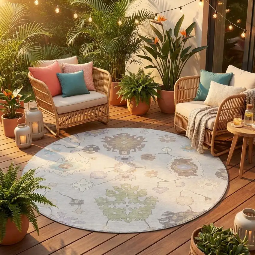 8' Gray And Gold Round Oriental Washable Indoor Outdoor Area Rug Photo 1