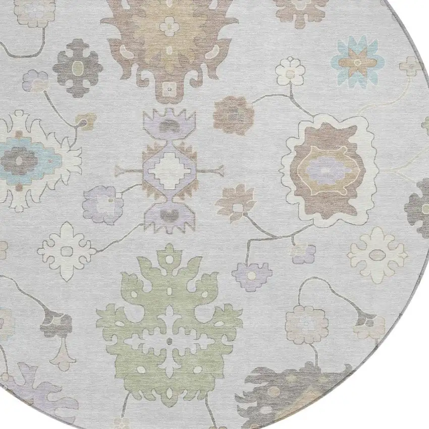 8' Gray And Gold Round Oriental Washable Indoor Outdoor Area Rug Photo 5