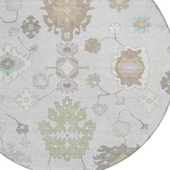 8' Gray And Gold Round Oriental Washable Indoor Outdoor Area Rug Photo 5