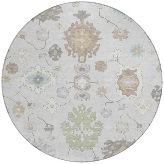 8' Gray And Gold Round Oriental Washable Indoor Outdoor Area Rug Photo 3