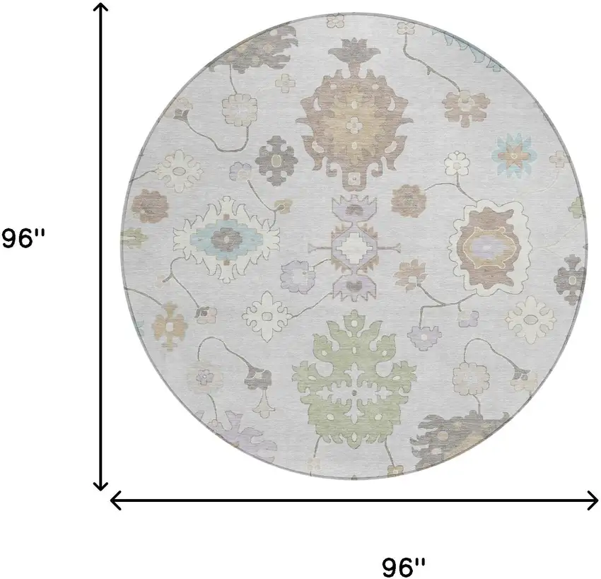 8' Gray And Gold Round Oriental Washable Indoor Outdoor Area Rug Photo 8