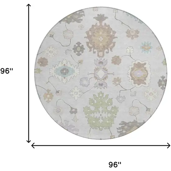 8' Gray And Gold Round Oriental Washable Indoor Outdoor Area Rug Photo 8