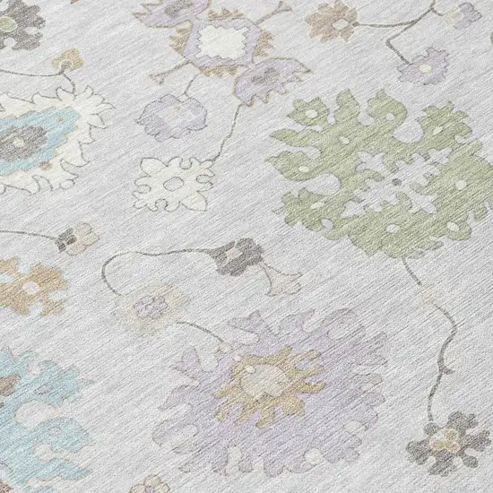 8' Gray And Gold Round Oriental Washable Indoor Outdoor Area Rug Photo 7