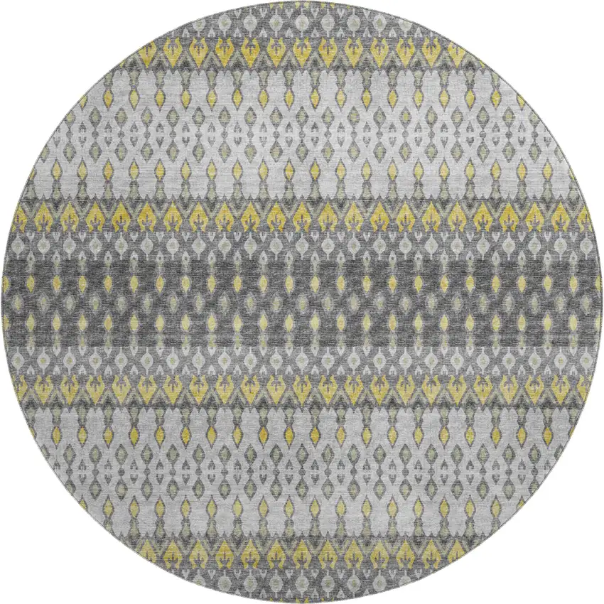 8' Gray And Gold Tribal Washable Round Rug With UV Protection Photo 2