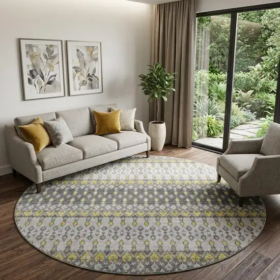 8' Gray And Gold Tribal Distressed Washable Round Rug With UV Protection Photo 1
