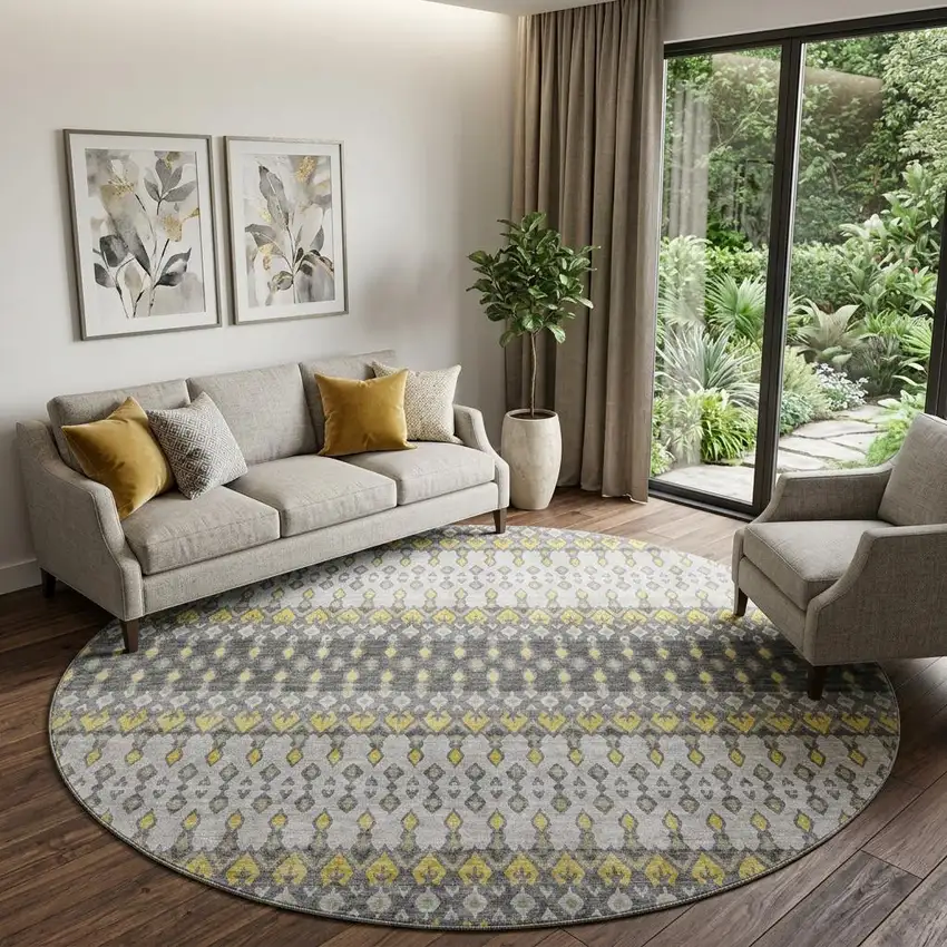 8' Gray And Gold Tribal Distressed Washable Round Rug With UV Protection Photo 1