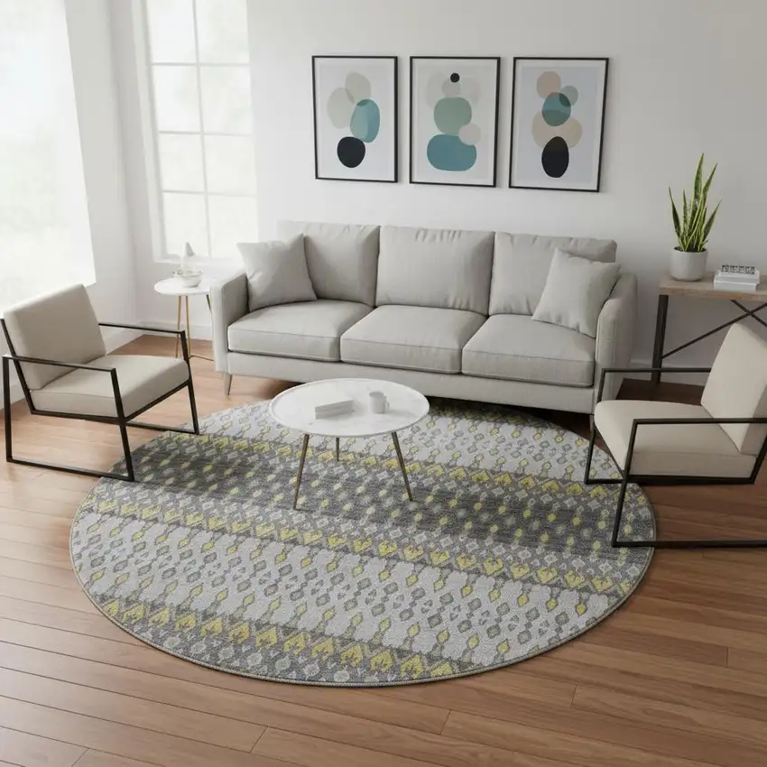 8' Gray And Gold Tribal Washable Round Rug With UV Protection Photo 1