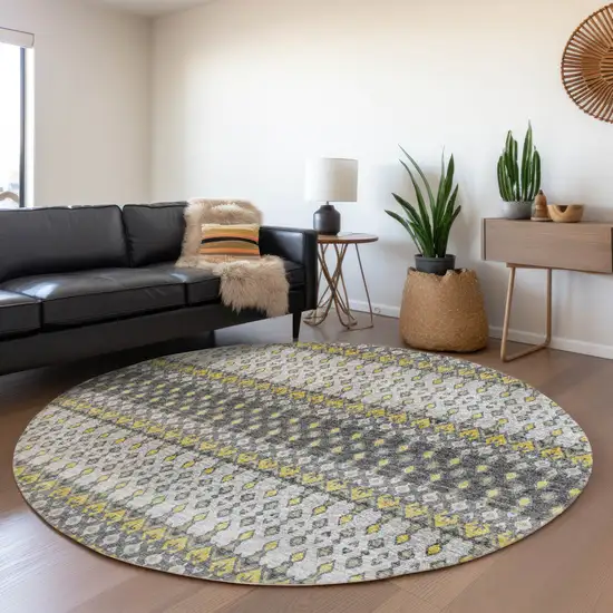 8' Gray And Gold Tribal Washable Round Rug With UV Protection Photo 6