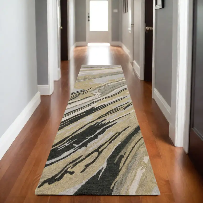 8' Gray And Gold Wool Abstract Hand Tufted Runner Rug Photo 1