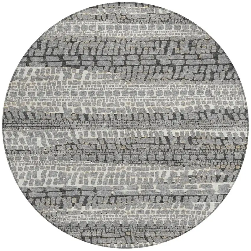8' Gray And Graphite Round Abstract Washable Indoor Outdoor Area Rug Photo 3