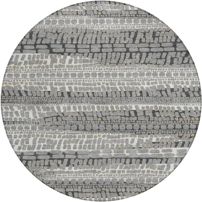 8' Gray And Graphite Round Abstract Washable Indoor Outdoor Area Rug Photo 1