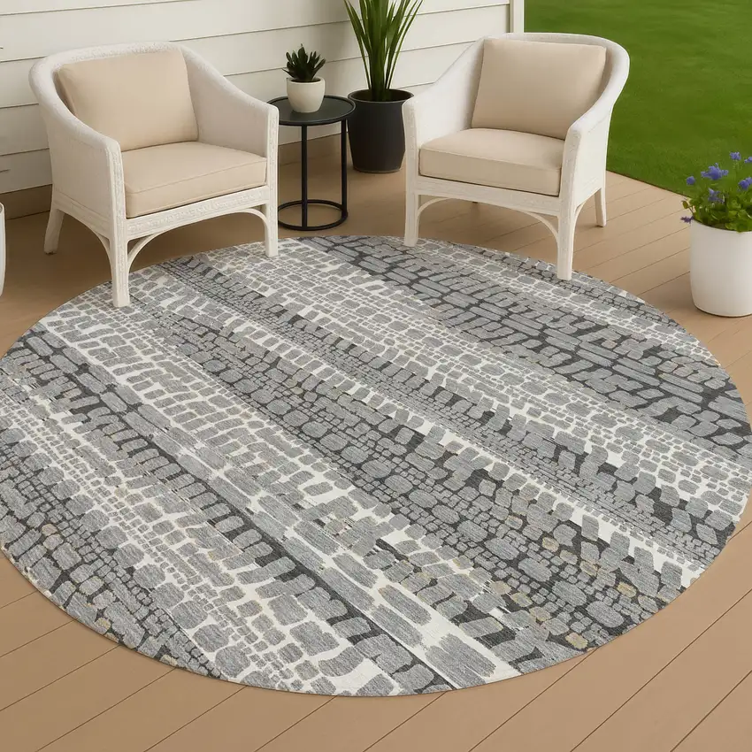 8' Gray And Graphite Round Abstract Washable Indoor Outdoor Area Rug Photo 4