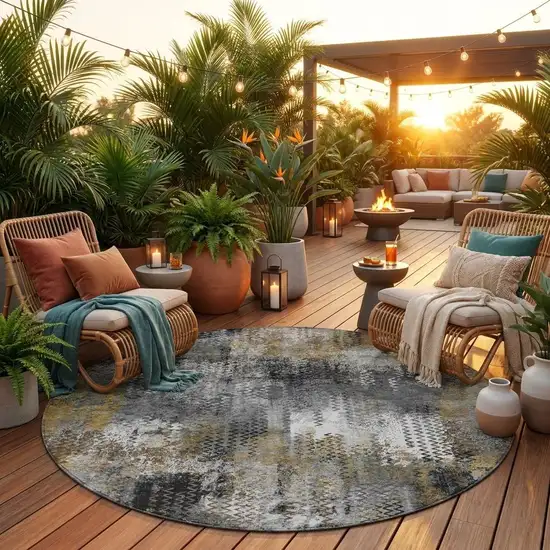 8' Gray And Graphite Round Abstract Washable Indoor Outdoor Area Rug Photo 1
