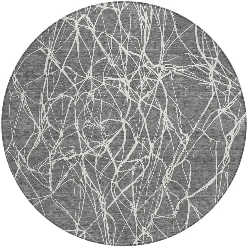 8' Gray And Graphite Round Abstract Washable Indoor Outdoor Area Rug Photo 2