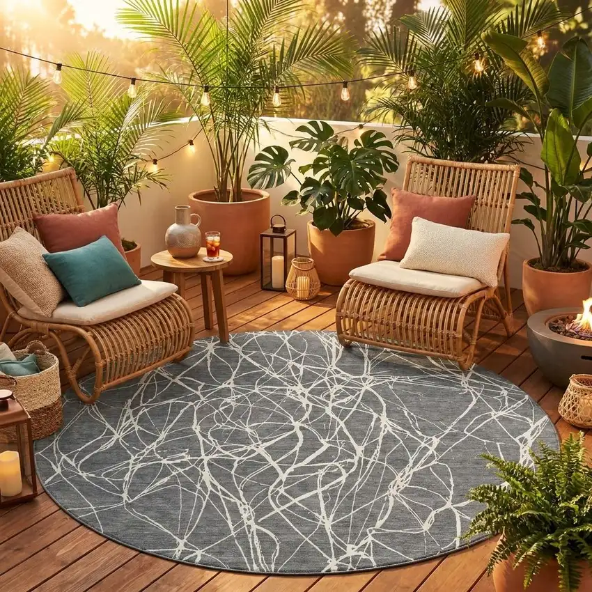 8' Gray And Graphite Round Abstract Washable Indoor Outdoor Area Rug Photo 1
