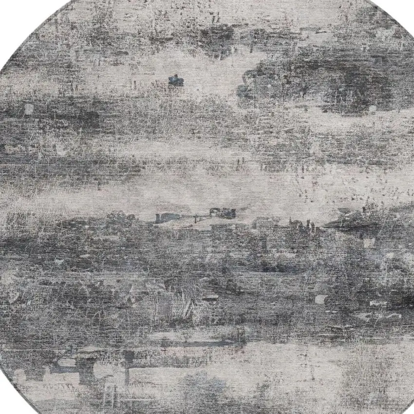 8' Gray And Graphite Round Abstract Washable Indoor Outdoor Area Rug Photo 8