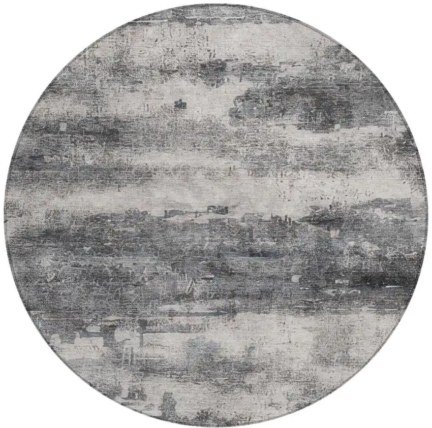 8' Gray And Graphite Round Abstract Washable Indoor Outdoor Area Rug Photo 4