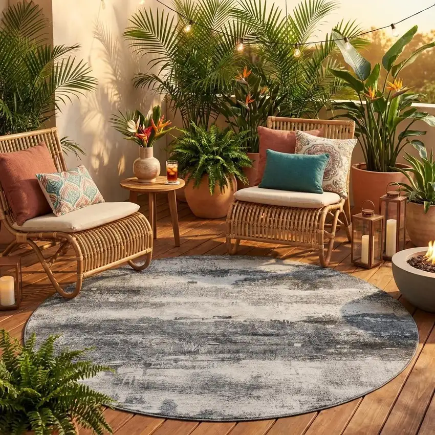 8' Gray And Graphite Round Abstract Washable Indoor Outdoor Area Rug Photo 1