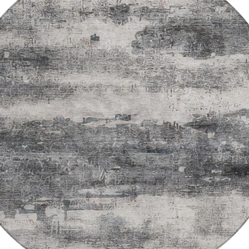8' Gray And Graphite Round Abstract Washable Indoor Outdoor Area Rug Photo 6