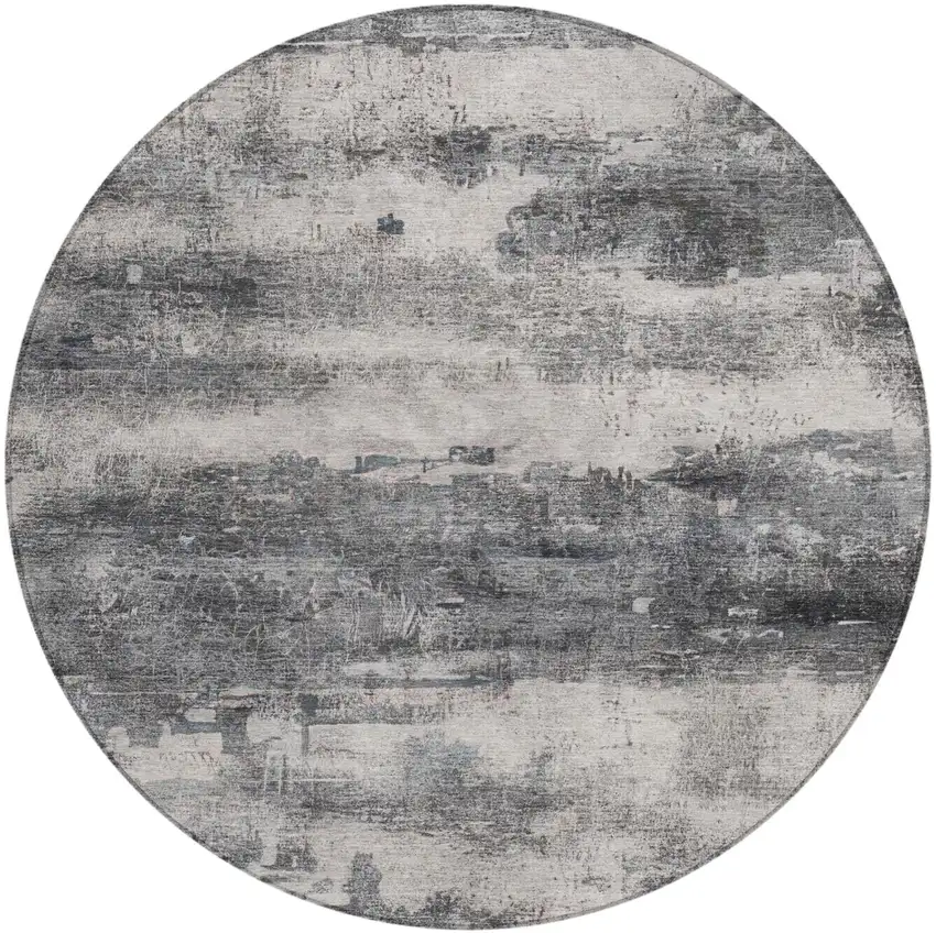 8' Gray And Graphite Round Abstract Washable Indoor Outdoor Area Rug Photo 2