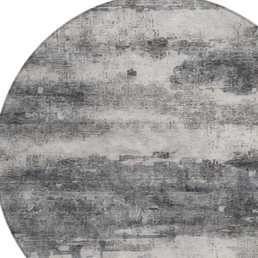 8' Gray And Graphite Round Abstract Washable Indoor Outdoor Area Rug Photo 5