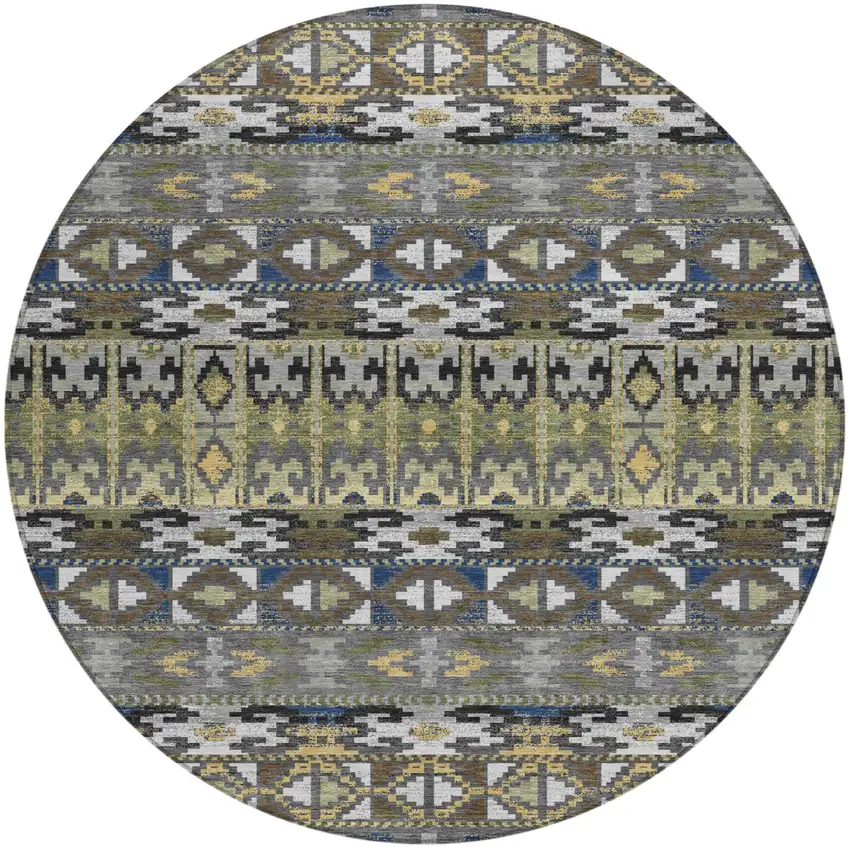 8' Gray And Graphite Round Geometric Washable Indoor Outdoor Area Rug Photo 1