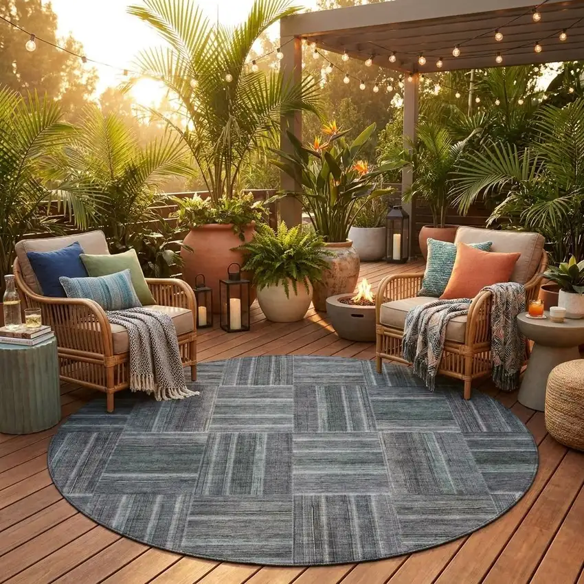 8' Gray And Graphite Round Geometric Washable Indoor Outdoor Area Rug Photo 1