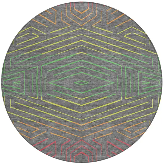 8' Gray And Graphite Round Geometric Washable Indoor Outdoor Area Rug Photo 2