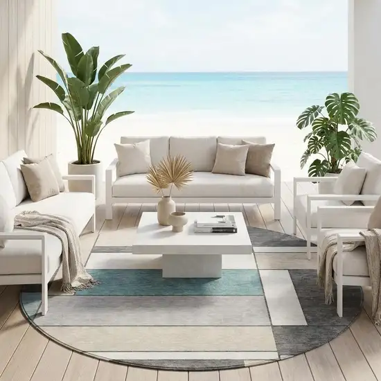 8' Gray And Graphite Round Geometric Washable Indoor Outdoor Area Rug Photo 1