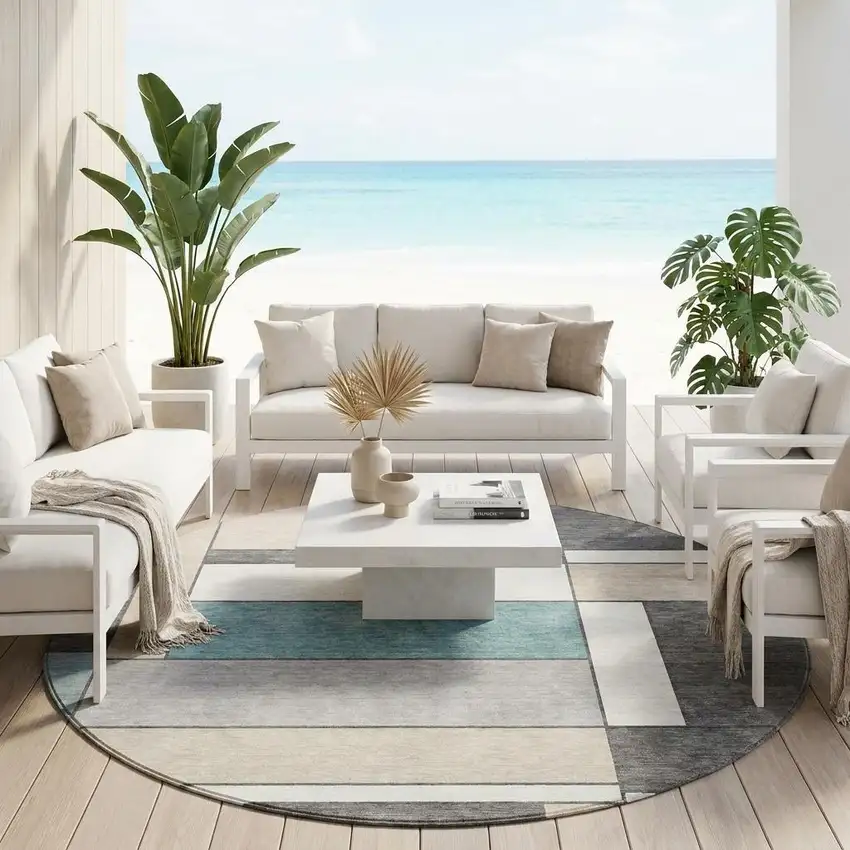 8' Gray And Graphite Round Geometric Washable Indoor Outdoor Area Rug Photo 1