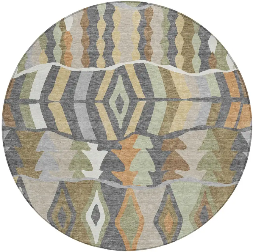 8' Gray And Graphite Round Geometric Washable Indoor Outdoor Area Rug Photo 2