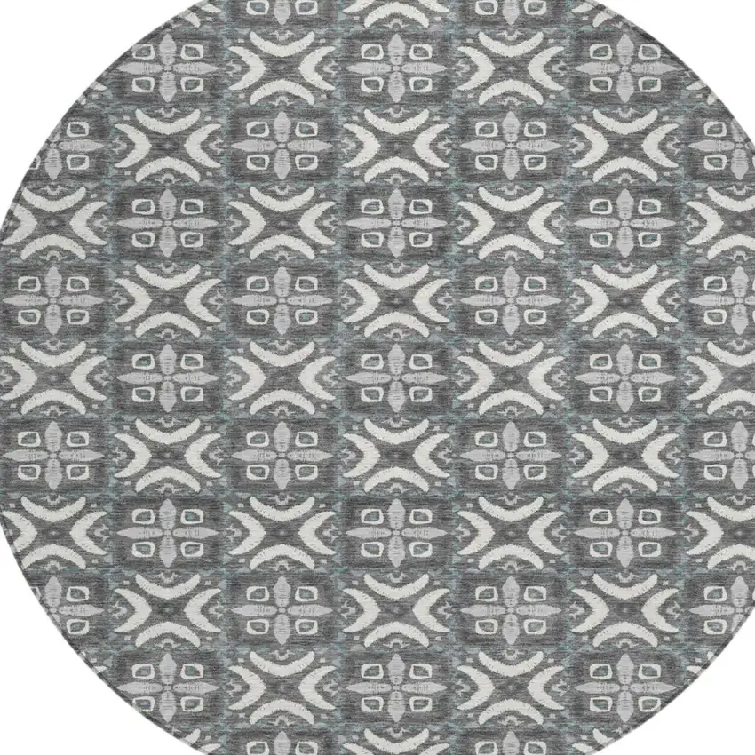 8' Gray And Graphite Round Geometric Washable Indoor Outdoor Area Rug Photo 3