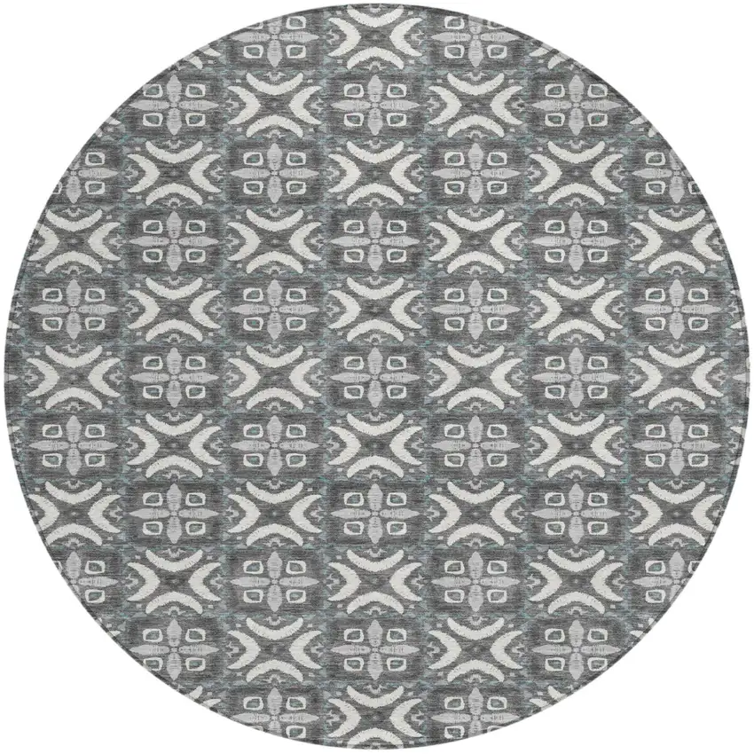 8' Gray And Graphite Round Geometric Washable Indoor Outdoor Area Rug Photo 2
