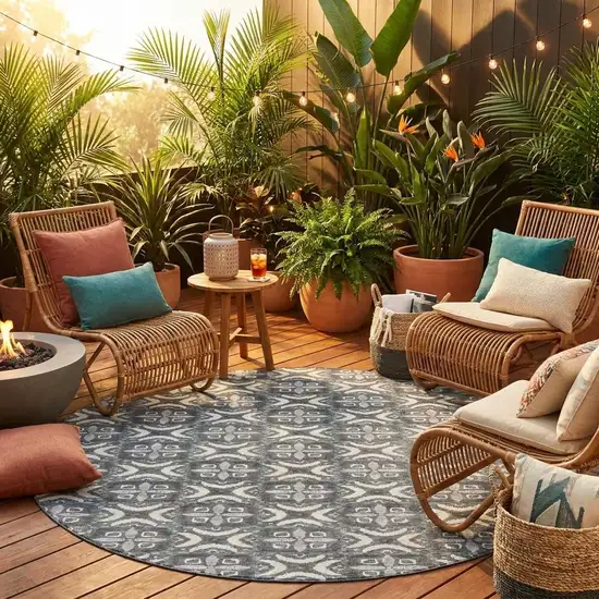 8' Gray And Graphite Round Geometric Washable Indoor Outdoor Area Rug Photo 1