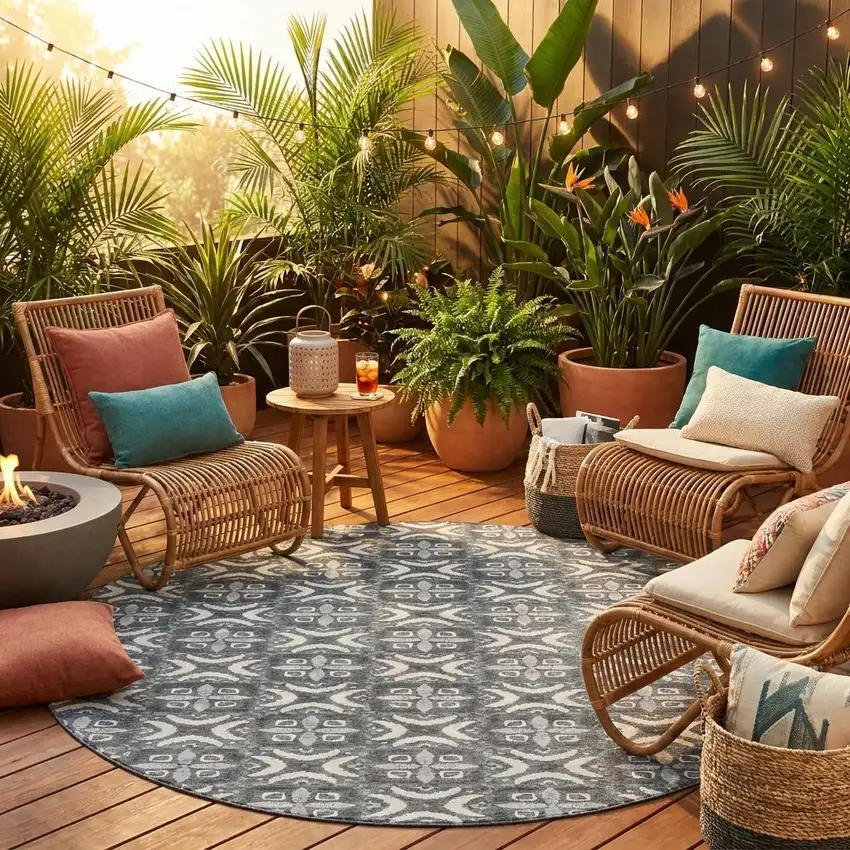 8' Gray And Graphite Round Geometric Washable Indoor Outdoor Area Rug Photo 1