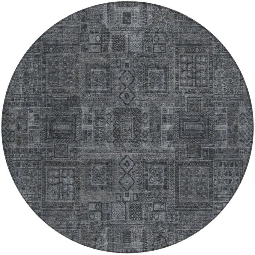 8' Gray And Graphite Round Oriental Washable Indoor Outdoor Area Rug Photo 2