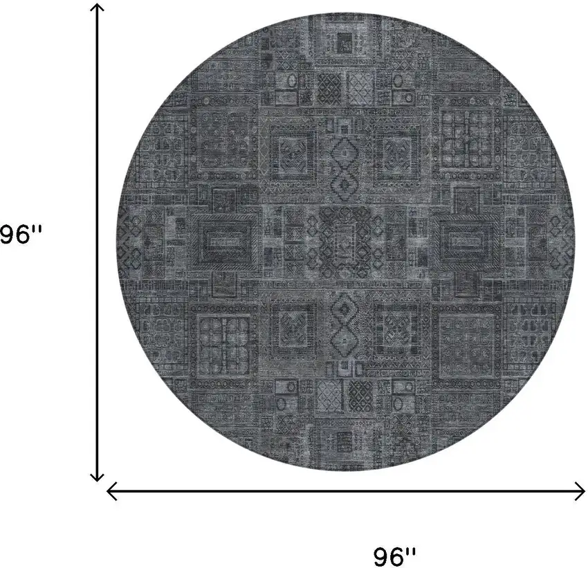 8' Gray And Graphite Round Oriental Washable Indoor Outdoor Area Rug Photo 5