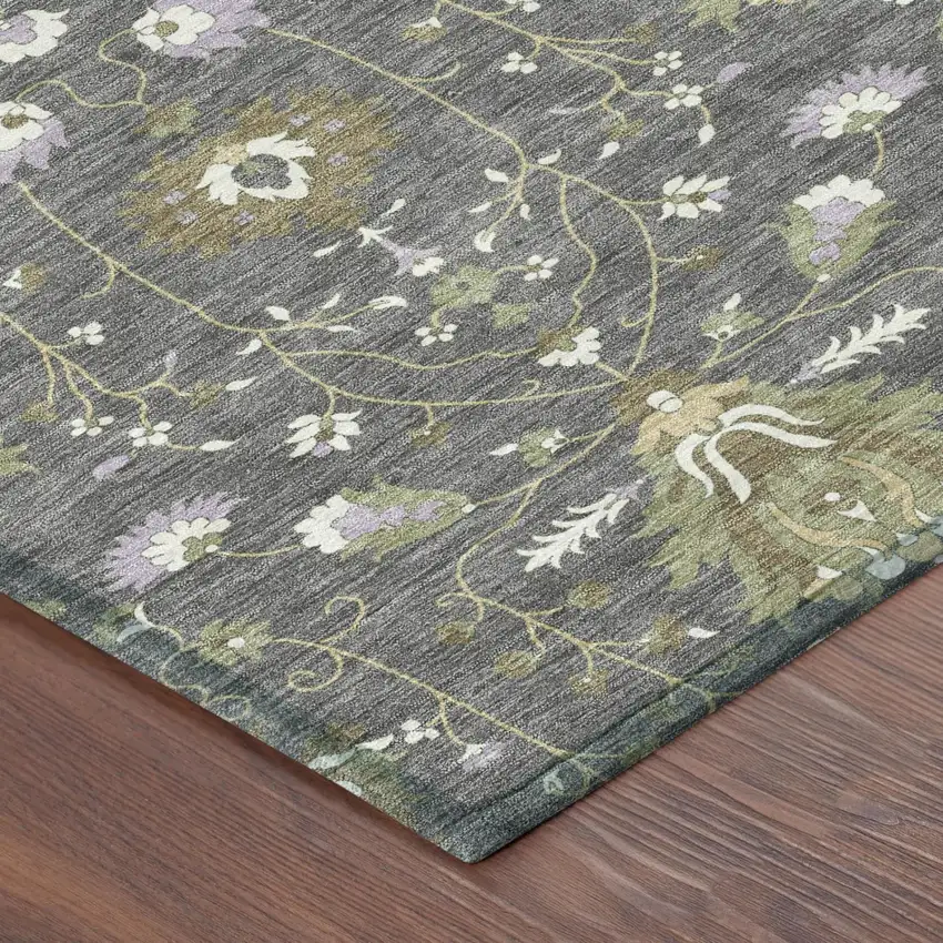 8' Gray And Graphite Round Oriental Washable Indoor Outdoor Area Rug Photo 3