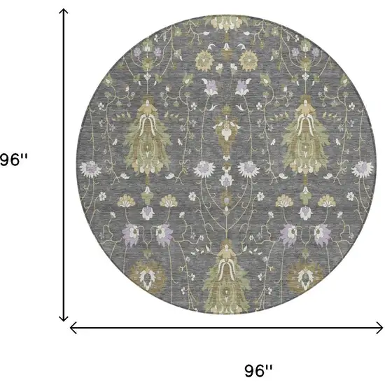 8' Gray And Graphite Round Oriental Washable Indoor Outdoor Area Rug Photo 5